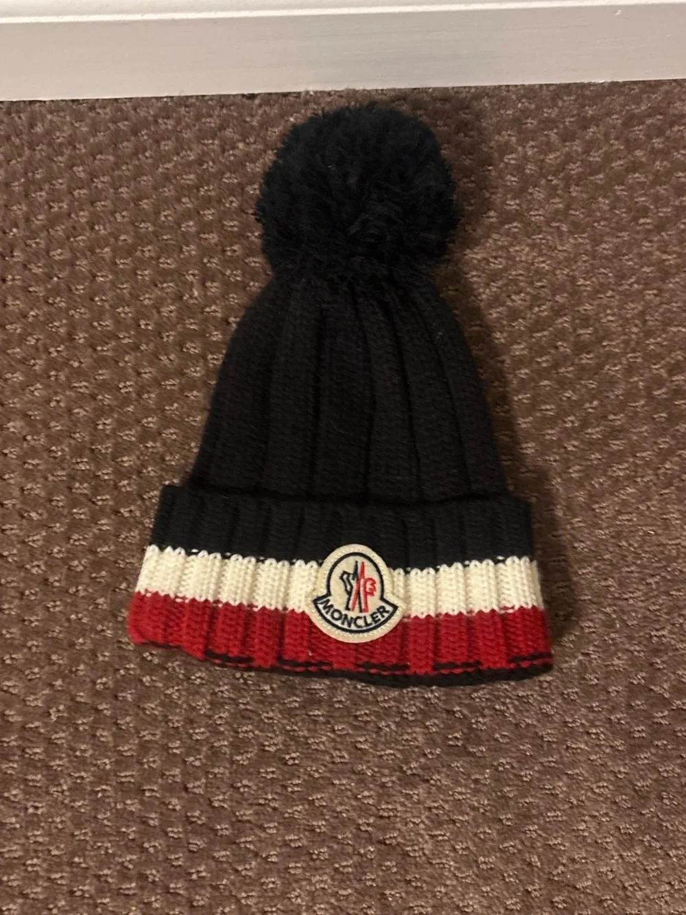 Moncler Black Beanie with Red and White Stripe & Pom
